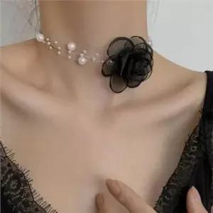 여성 초커 목걸이 비즈 장미 목걸이 포인트 시스루 패션 파티 액...