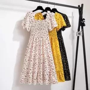 봄 여름 쉬폰 드레스 여성 미디 짧은 소매 탄성 허리 꽃 Pleated Baless 캐주얼