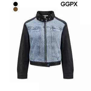 [하프클럽/지지피엑스]데님 배색 차이나 페이크 레더 자켓 (GQ8JK028F)