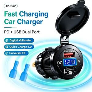 방수 내장형 차량용 충전기 소켓 PD QC3.0 고속 12-24V 디지털 전압 모니터 (자동차, 오토바이, 트럭, 선박