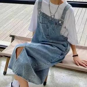 데님 멜빵 치마 데일리룩 여성 롱원피스