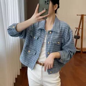 여성 데님 트위드 금장 버튼 재킷 고급 세미크롭 자켓
