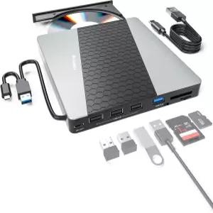 SUIDEK 외장 CD/DVD 드라이브 USB 3.0 PC용 C 휴대용 SD/마이크로 카드 리더가 포함된 8-in-1 허브와