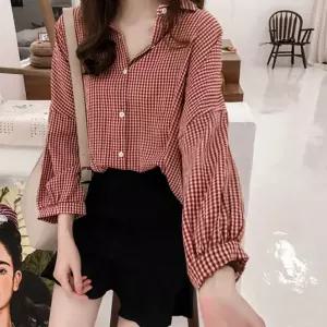 면100% 스커트코디 봄가을 체크무늬 셔츠 얇은 카라넥