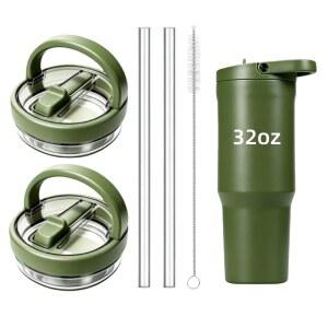 2팩 뚜껑 교체용 HydroJug Sport 20oz, 32oz, 40oz 텀블러와 호환되며, 빨대와 클리너 브러시가 포함된 병용 누수 방지 상단 캡 (Army Green, For 32oz)