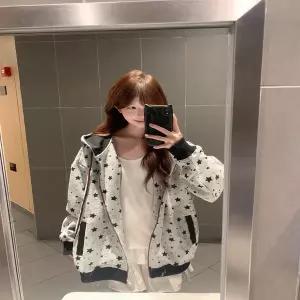 가을 자켓 재킷 블 캐주얼 별무늬 후드 집업 가디건 카디건 여성 여자 얇은 소재 oversize 소규모 디자인