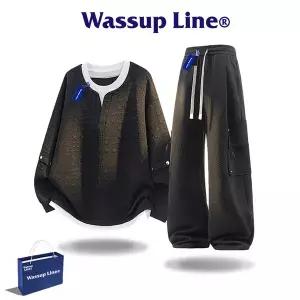 후드 티 가을 겨울 풀오버 맨투맨 WASSUP Line 스트리트 레이어드 세트 남성 청년용 가을용 여유로운 긴팔