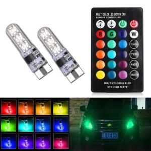 2x T10 방수 W5w 501 자동차 웨지 사이드 전구-6SMD 5050 RGB 7 색 LED 원격 제어 (배터리 없음) 스트로브