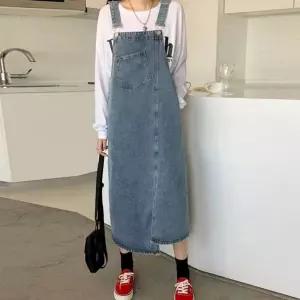 유니크 트렌디 여성 언발란스 데님 멜빵 롱 스커트 gyS32itX