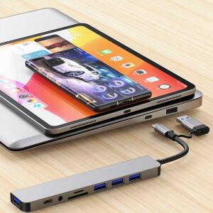 8포트 2 USB + 타입 C 허브 도킹 스테이션 (3.5mm 오디오 잭 어댑터, 마이크로 SD 카드 리더, 노트북/태블