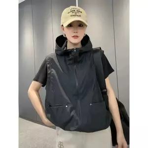 후드 여성여름조끼 포켓 자켓 여행 민소매 루즈핏 카키