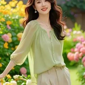유니픽 여성 봄여름 쉬폰 긴팔 셔츠 깨끗한 디자인 조절 가능한 소매cjg