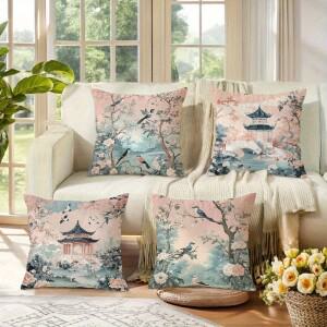 4Pcs 봄 꽃무늬 아시아 정원 베개 커버 세트 40x40cm 일본식 쿠션 샴 장식 침실 홈 액센트용