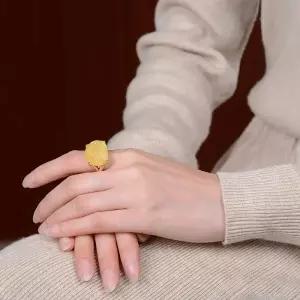 S925베이스 18k 골드 도금 호박 모란 카빙 오픈 반지