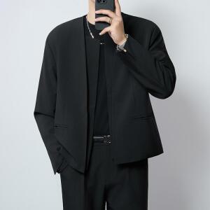 엘럽 남성 블랙 노카라 어깨 패드 정장 코트 트렌치코트 가짜 투피스 스타일 원템
