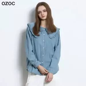 [T쇼페] [오조크(OZOC)] 빅카라 라운드넥 데님블라우스 (택가격 142000원)