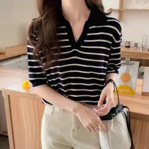 [라일리여성의류] Rly 여성 여름 스트라이프 카라 반팔 니트 블랙