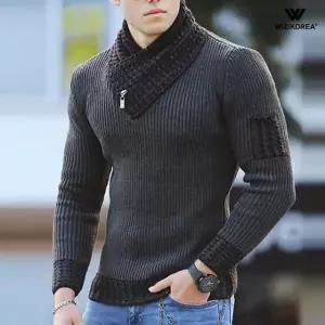 [위즈아이]남성 겨울 터틀넥 배색 스웨터 슬림 패치 니트 폴라티 WI007N