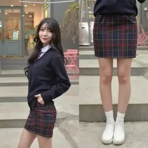 교복몰 (허리조절) 스판 레드네이비체크 교복치마