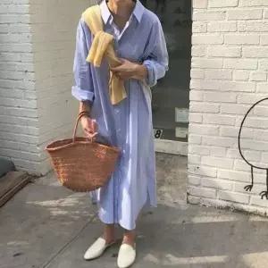 [하프클럽/]여성 스트라이프 셔츠 롱원피스 체형커버 남방 원피스 2색