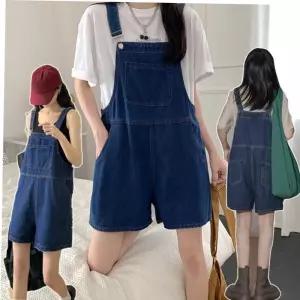 열자멜빵반바지 여성 진청 캐주얼 데일리 여행룩 코디 데님 점프수트