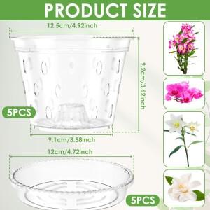 5Pcs 플라스틱 난초 냄비 4/5/6inch 구멍과 접시가있는 투명한 슬롯 보육을위한 통기성 꽃 식물