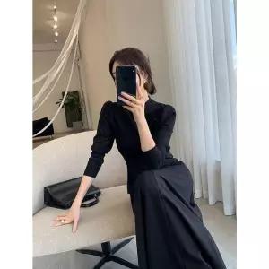 블랙 슬림핏 롱 원피스 퍼프소매 하객 오피스룩 롱드레스 결혼식룩 데이트룩 xr56684