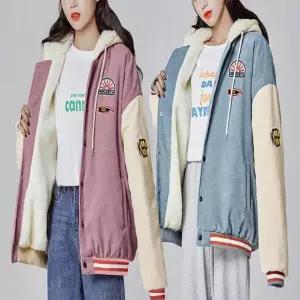 따뜻한 코듀로이 코듀로이패딩 배색 야구잠바 여자 퍼안감 후드점퍼