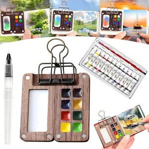 mini Watercolor Kit, Travel Watercolour Paint Set, Brush, Nano Palette, Walnut Wood, Wooden Box for Painters Artists Students용 Set