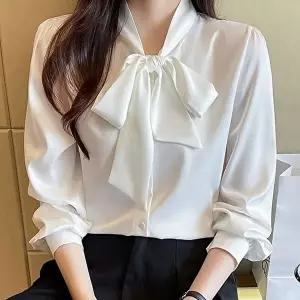 가을여성블라우스 리본 쉬폰 긴팔 블라우스 어깨 셔링 직장인 오피스룩