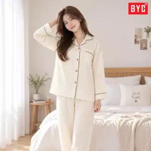 BYC 여성 삼중 거즈면 파자마 세트 순면 긴팔 긴바지 잠옷 상하의 가을 실내복 홈웨어