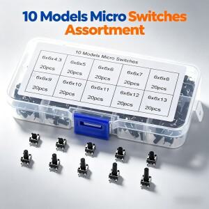 10가지 종류 6×6mm 수직형 택타일 푸시 버튼 스위치 모음 키트 100개/200개 가전제품용 순간 작동 마이크
