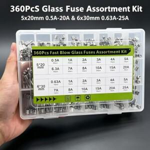 360개/박스 5x20mm6x30mm 고속 유리 퓨즈 키트 0.63A-25A 보험 튜브 패키지 전자 안전