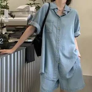 [하프클럽/]여성 데님 숙 반바지 청 투피스 세트 생지 반바지 빈티지 진 조