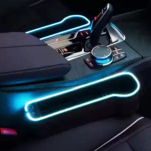 LED 무드등 컵홀더 수납함과 30W 듀얼 USB 충전 기능이 있는 차량 시트 틈새 정리함 (프론트 콘솔