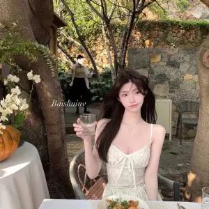 여성 화이트 레이스 자카드 브이넥 서스펜더 드레스 여름 슬리밍 롱 스커트
