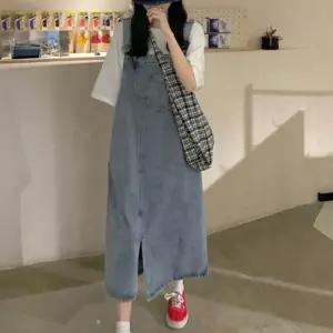 여성 유니크한 트임 언발란스 데님 롱 멜빵치마 멜빵스커트 캐주얼멜방 점프슈트 k-CF944