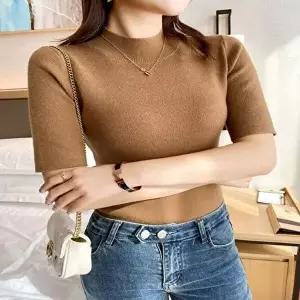 반목니트티 여자 5컬러 하프넥 슬림 5부 반팔 골지티 니트티셔츠