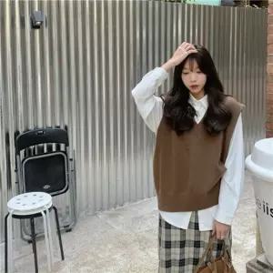 여자 심플 오버핏 브이넥 니트조끼 레이어드 40대 여행 루즈핏