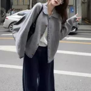 오픈카라 봄가을 꾸안꾸 가디건 니트 여성 아우터 카라 스티치