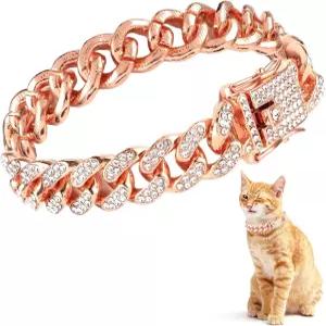 Amabro 고양이 체인 목걸이 다이아몬드 쿠반 링크 워킹 12mm 폭 개 강아지를 위한 안전한 버클 금속 주얼리