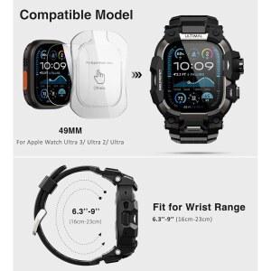 Apple Watch용 밴드가 있는 Ultimal Rugged 케이스 49mm, Apple Watch Ultra 3/2/1과 호환, iWatch 전술 밴드 남성용 군용 등급 충격 방지 범퍼 커버(블랙, 49mm)