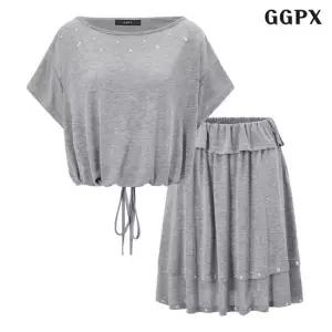 [GGPX] 밑단스트링 반팔 티셔츠 러플 스커트 셋업 (GQBOW111D)