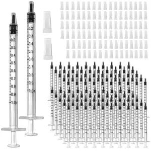 100개입 1ml 1cc 주사기 바늘 없는 플라스틱 캡 포함 반려동물용 구강용 리필용 또는 도포기 액체 측정 및