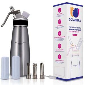 OCTANDRA 프로페셔널 휩드 크림 디스펜서 1 파인트 알루미늄 휩퍼 캐니스터 - 휩핑 사이펀 스테인리스 스틸 팁 3개 충전기 홀더 2개 브러시 및 보관 캡이 포함된 메이커