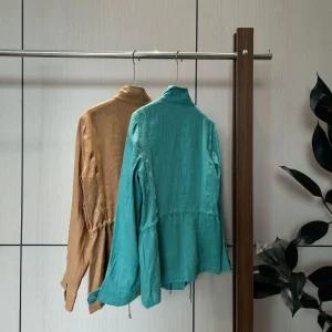 EAMT 여성 캐주얼 자켓 멀티 포켓 긴 소매 스탠드 칼라 린넨 클립 YJ