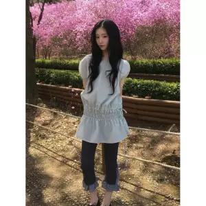또바기 여성 신축성 있는 드로스트링 타이 퍼프 소매 드레스 HT