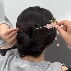 헤어코사지 은비녀 한복비녀 전통비녀 핑크꽃 진주알 한복머리장식