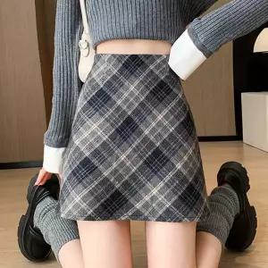 여자 미니 스커트 코디 체크 배색 모직 숏 치마 룩 D3F34