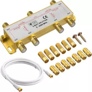 Justech 6방향 동축 케이블 스플리터 5-2500MHz MoCA 호환 키트 1.5m RG6 F-Type 어댑터 HDTV TV 위성